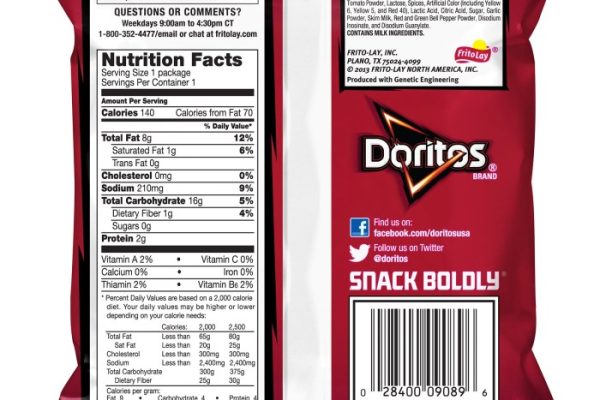 Normal doritos bag size nutrition facts