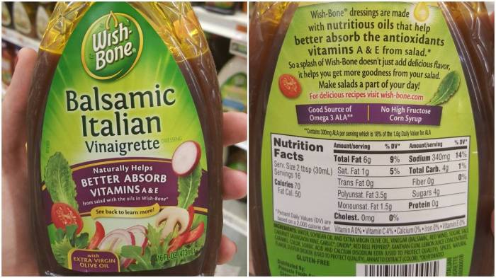 Nutrition facts label on balsamic vinaigrette